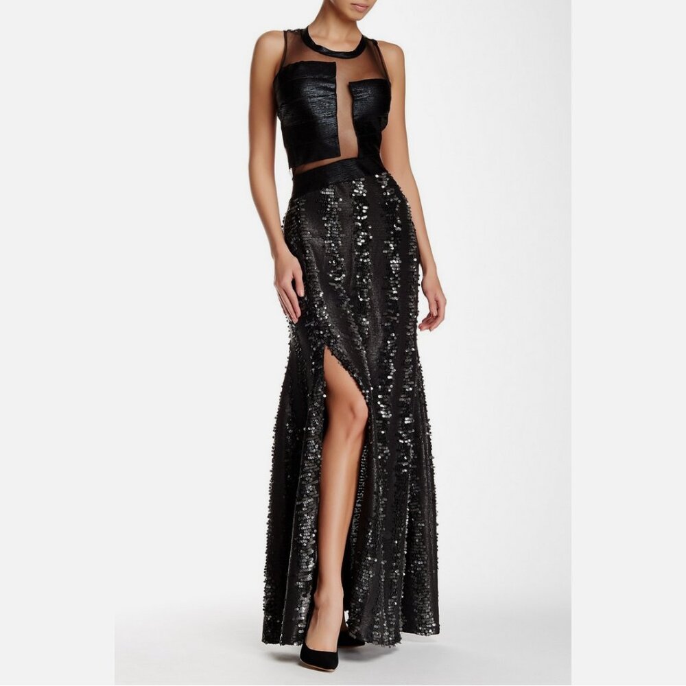 Tov Holy Sequin Haze Panel Mesh Bodice Maxi Gown